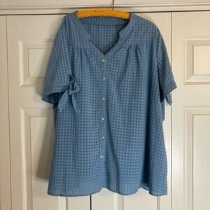 Women's Sz 22/24 Bloomchic Blue Semi-Sheer Check Short Tie-Sleeve Sleeve Blouse